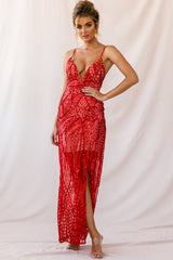 Miya Sequin Overlay Plunging Neckline Dress Red