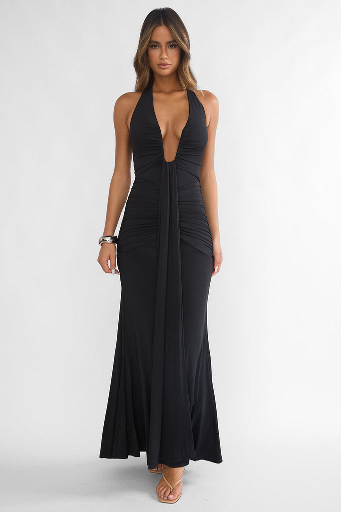 Brienna Halter Ruched Maxi Dress Black – Lucyinparis