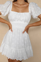 Sweet Devotion Puff Sleeve Shirred Waist Eyelet Mini Dress White