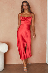 Lakoda Gathered Bust Bow Tie Back Midi Dress Red