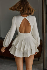 Talk About It Balloon Sleeve Open Back Knit Romper White